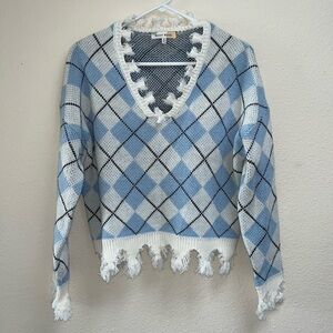 NWOT Hazel Moon Plaid Blue & White 100% Acrylic Fringe Sweater, Size Medium